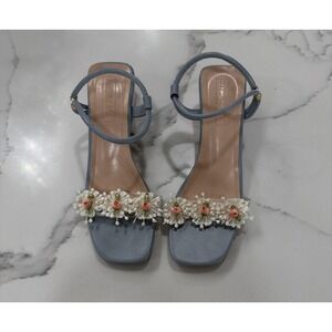 JCAXY Sandals Shoes Womens Size 7 Blue Floral‎ Beaded Ankle Strap Block Heel
